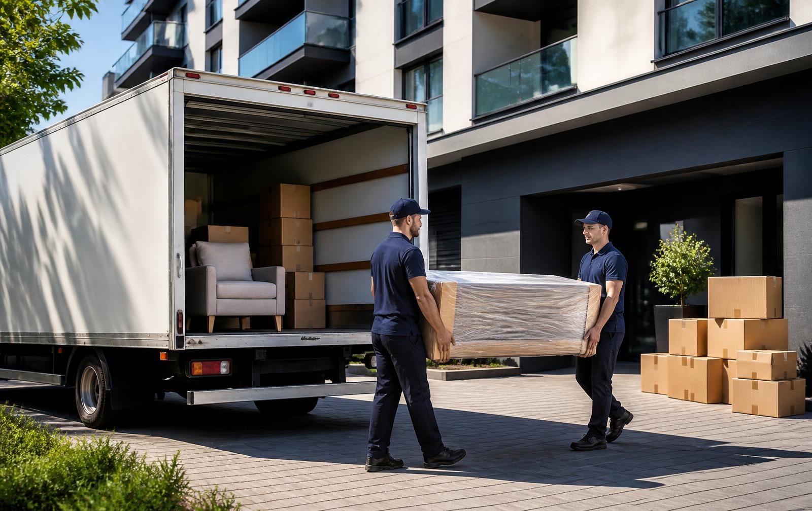 Modern nakliye aracı ve paketlenmiş ev eşyaları